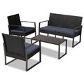 Baxton Studio Greta Modern Dark Blue Fabric and Black Finished Metal and Synthetic Rattan 4-PC Patio Set 184-11753-Zoro